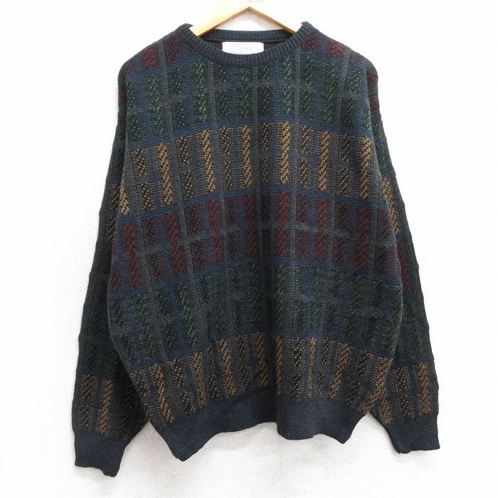 【50%OFF】L★古着 長袖 セーター メンズ 90年代 90s アクリル クルーネック 紺系他 ネイビー 25mar10 中古 ニット トップス