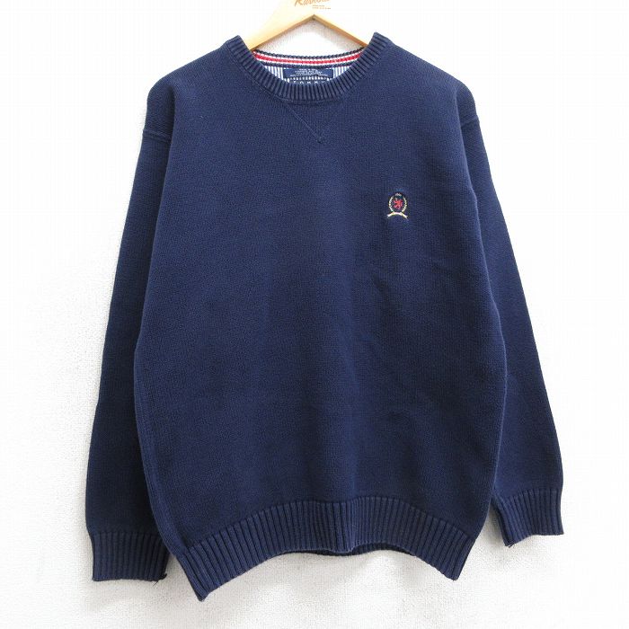 M★古着 トミーヒルフィガー TOMMY HILFIGER 長袖 ブランド セーター メンズ 90年代 90s ワンポイントロゴ コットン クルーネック 紺 ネイビー 25mar10 中古 ニット トップス