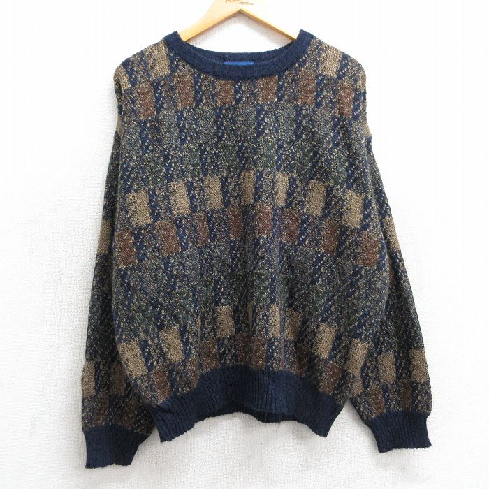 【20%OFF】XL★古着 タウンクラフト 長袖 セーター メンズ 90年代 90s アクリル クルーネック 紺他 ネイビー 25mar10 中古 ニット トップス