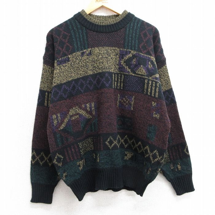 L★古着 長袖 セーター メンズ 90年代 90s アクリル クルーネック 黒他 ブラック 25mar10 中古 ニット トップス