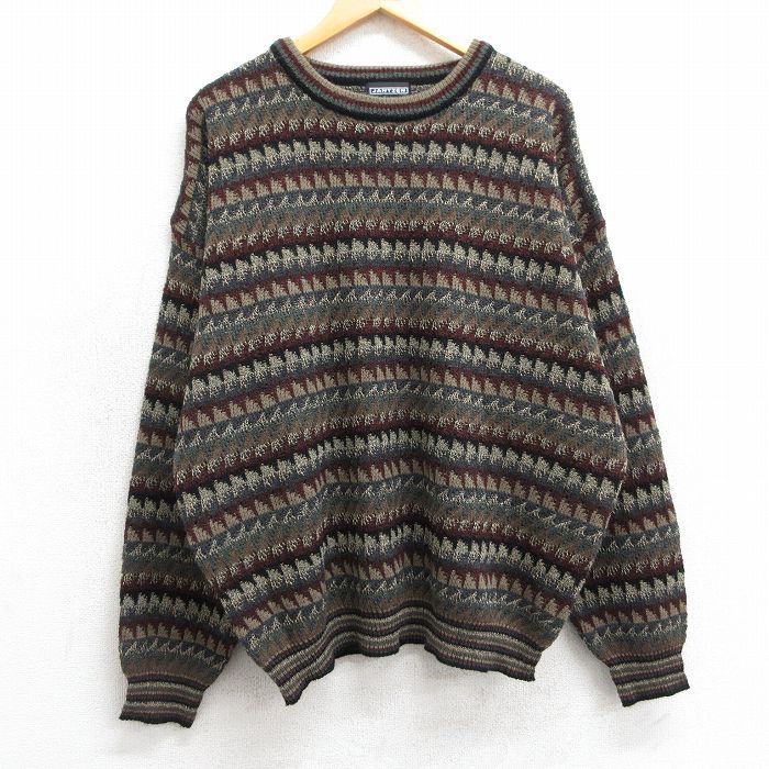 XL★古着 ジャンセン 長袖 セーター メンズ 大きいサイズ クルーネック ベージュ他 カーキ 25mar10 中古 ニット トップス