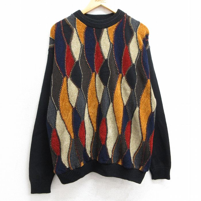 XL★古着 長袖 セーター メンズ 90年代 90s アクリル クルーネック USA製 黒他 ブラック 【spe】 25mar10 中古 ニット トップス