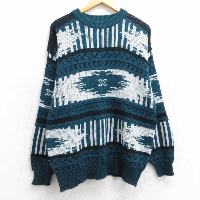 【50%OFF】L★古着 長袖 セーター メンズ 90年代 90s ネイティブ柄 ラグ柄 アクリル クルーネック 緑他 グリーン 25mar10 中古 ニット トップス