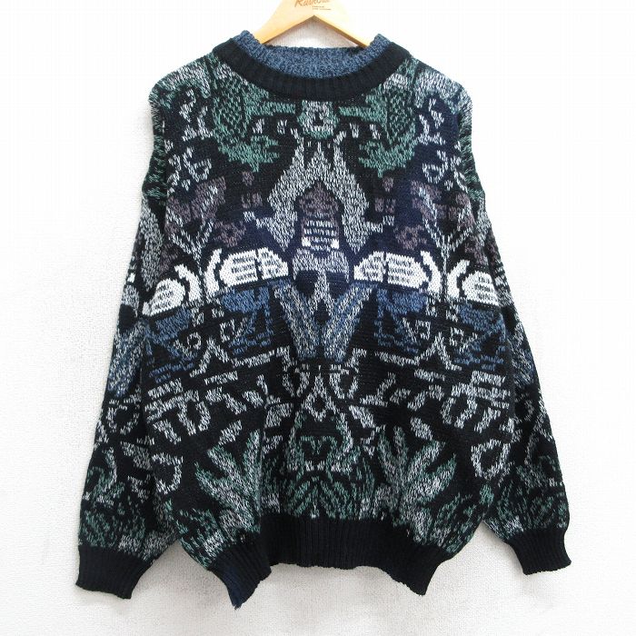 【50%OFF】XL★古着 長袖 セーター メンズ 90年代 90s アクリル クルーネック 黒他 ブラック 25mar10 中古 ニット トップス