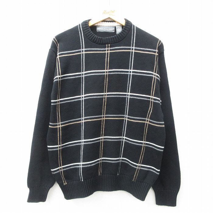 L★古着 長袖 セーター メンズ コットン クルーネック 黒他 ブラック 25mar11 中古 ニット トップス