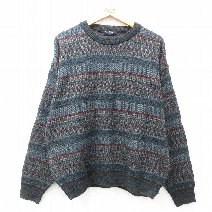 【20%OFF】L★古着 バンヒューセン 長袖 セーター メンズ 80年代 80s アクリル クルーネック 濃グレー他 25mar11 中古 ニット トップス
