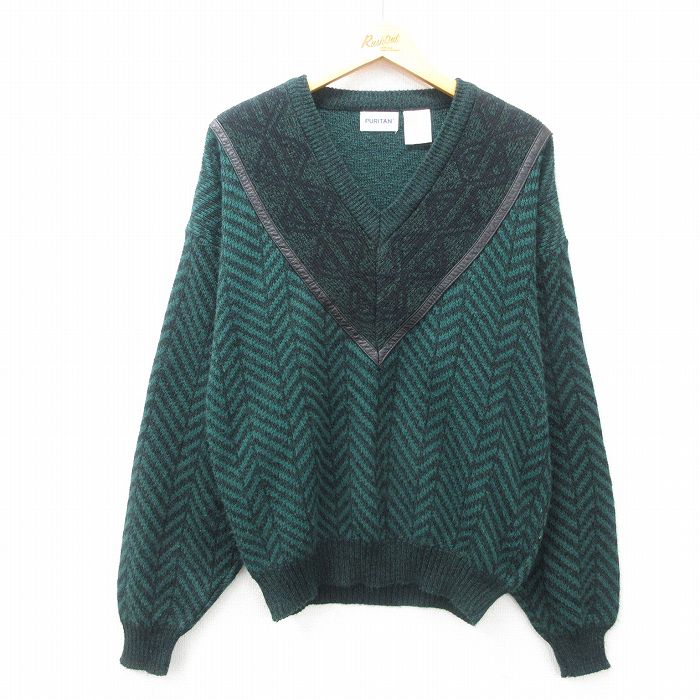 【50%OFF】L★古着 ピューリタン 長袖 セーター メンズ 00年代 00s アクリル Vネック 緑他 グリーン 25mar11 中古 ニット トップス