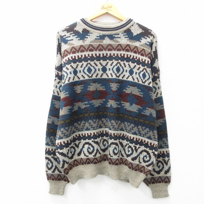 【50%OFF】XL★古着 シアーズ 長袖 セーター メンズ 90年代 90s 大きいサイズ アクリル クルーネック ベージュ他 カーキ 25mar11 中古 ニット トップス