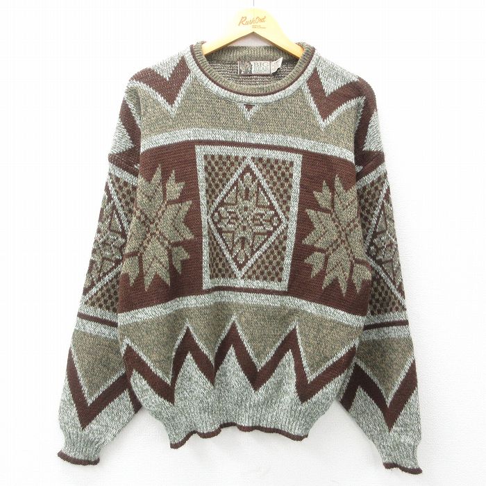 【20%OFF】L★古着 長袖 ノルディック セーター メンズ 90年代 90s 雪柄 茶他 ブラウン 25mar11 中古 ニット トップス