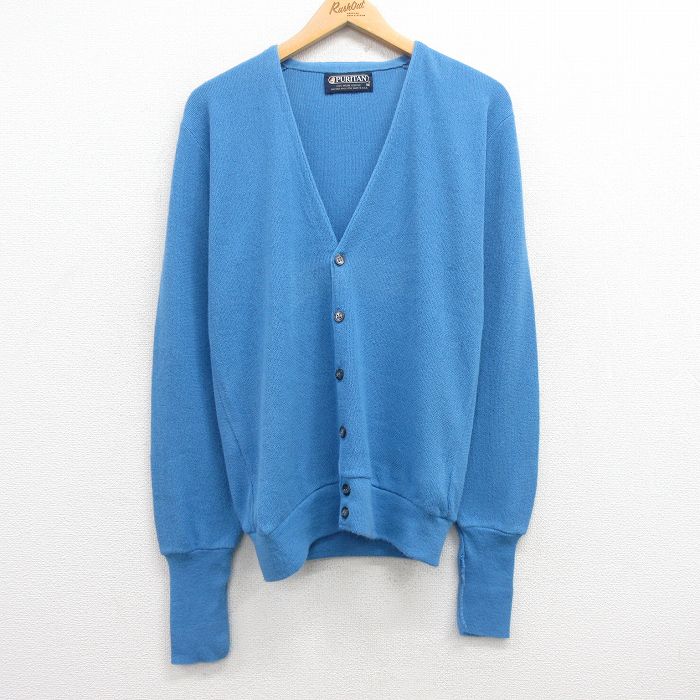 M★古着 ピューリタン 長袖 ニット カーディガン メンズ 80年代 80s アクリル USA製 青 ブルー 25mar11 中古 トップス