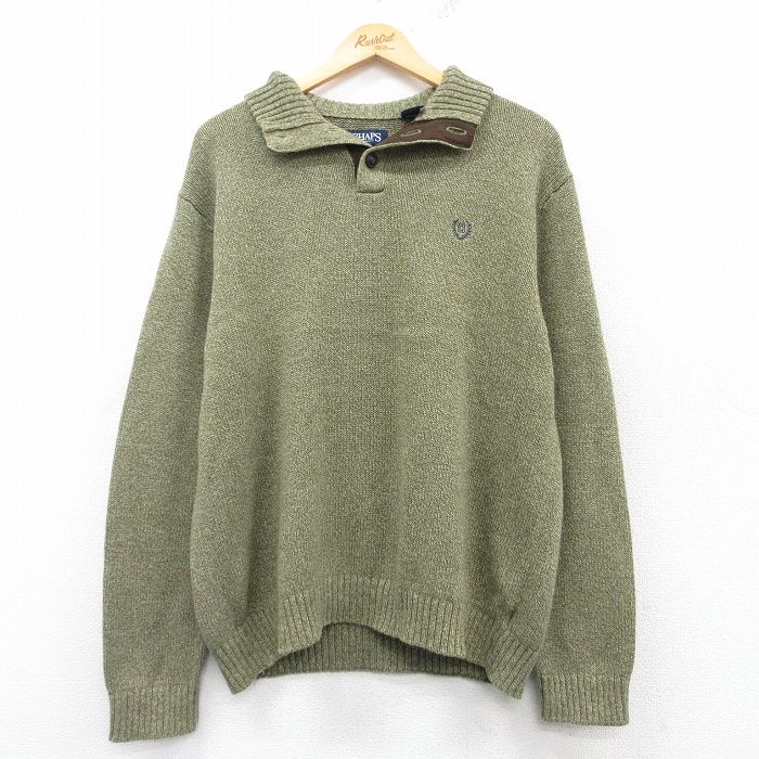 【50%OFF】L★古着 チャップス 長袖 セーター メンズ ワンポイントロゴ ヒジ当て コットン 緑他 グリーン 霜降り 25mar12 中古 ニット トップス