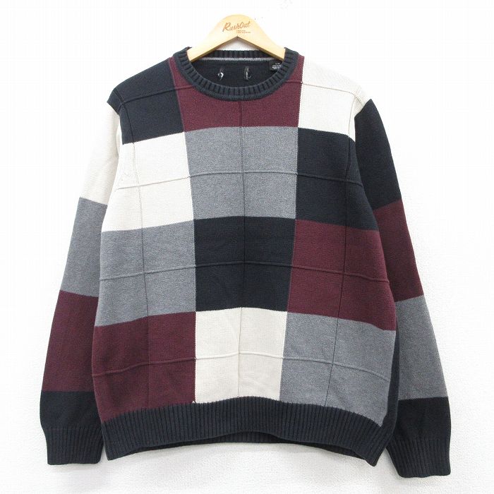 L★古着 長袖 セーター メンズ コットン クルーネック 黒他 ブラック チェック 25mar12 中古 ニット トップス