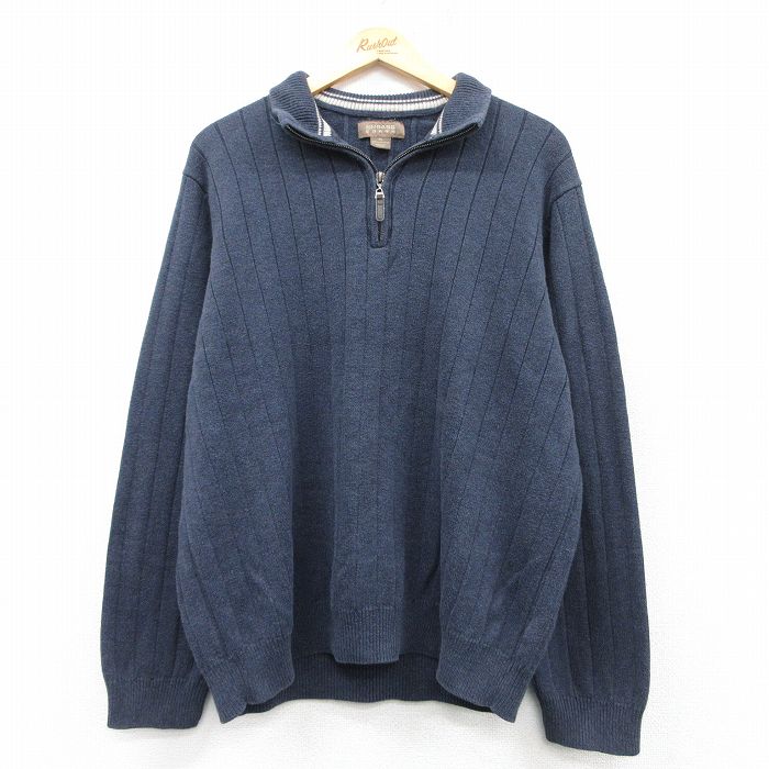XL★古着 長袖 ハーフジップ セーター メンズ コットン 紺 ネイビー 25mar12 中古 ニット トップス