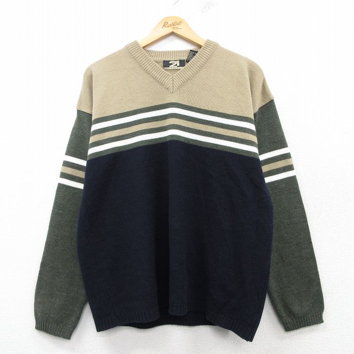 M★古着 長袖 セーター メンズ アクリル Vネック ベージュ他 カーキ 25mar12 中古 ニット トップス