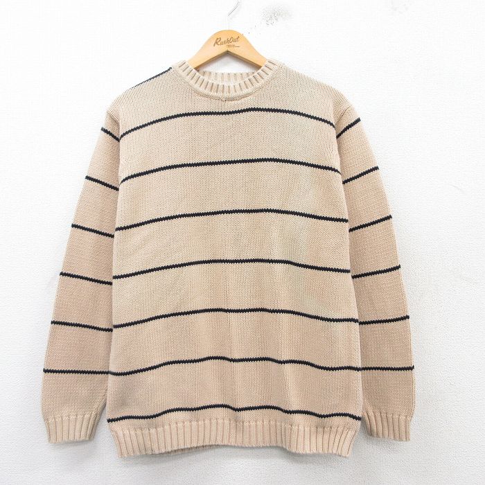 L★古着 エルエルビーン LLBEAN 長袖 セーター メンズ 90年代 90s コットン クルーネック ベージュ他 カーキ ボーダー 【spe】 25mar12 中古 ニット トップス