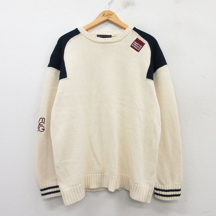 XL★古着 マリテフランソワジルボー 長袖 セーター メンズ ワンポイントロゴ 刺繍 大きいサイズ コットン クルーネック 生成り他 【spe】 25mar12 中古 ニット トップス