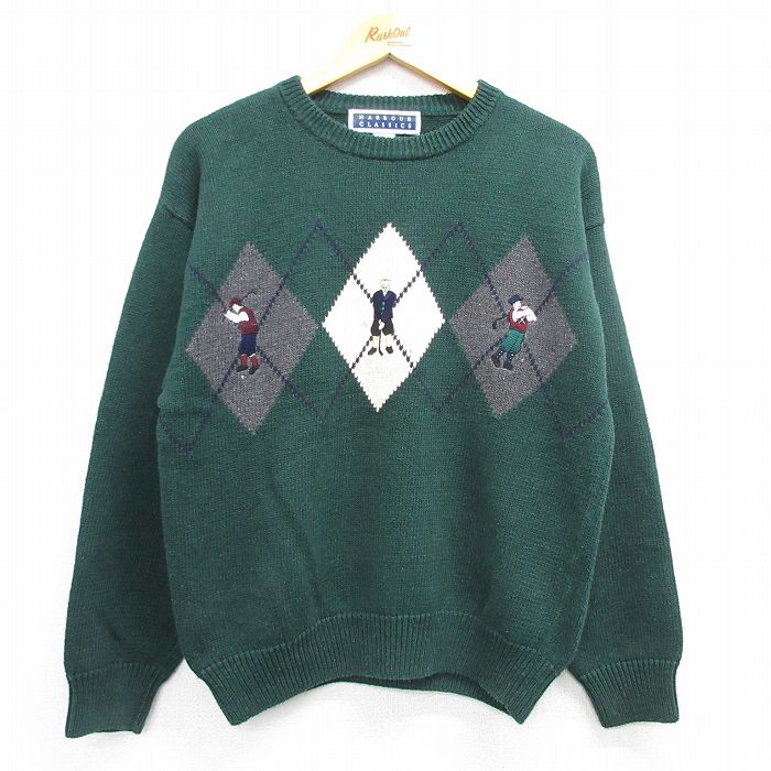 【50%OFF】L★古着 長袖 セーター メンズ 90年代 90s ゴルフ 刺繍 アーガイル クルーネック 緑他 グリーン 25mar13 中古 ニット トップス
