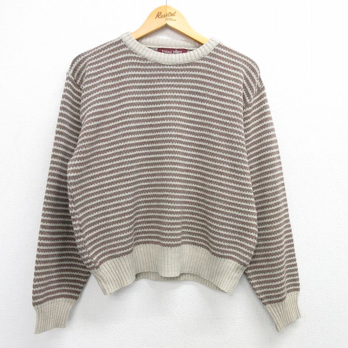 L★古着 長袖 セーター メンズ 90年代 90s クルーネック 茶他 ブラウン ボーダー 25mar13 中古 ニット トップス