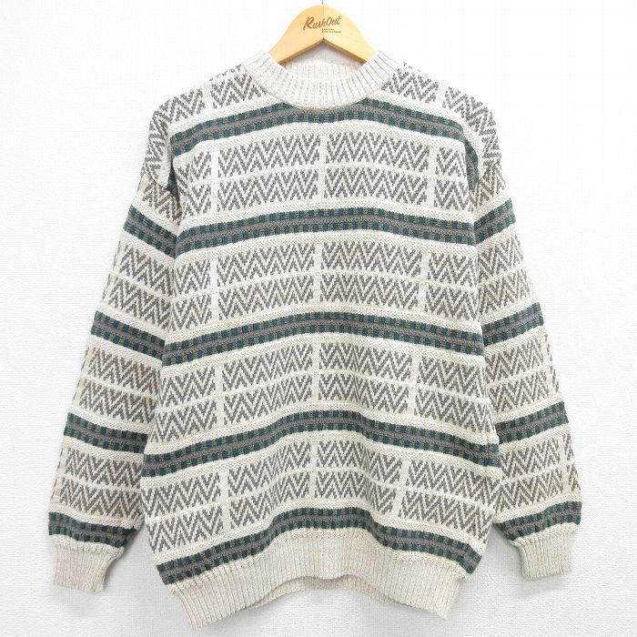 M★古着 長袖 セーター メンズ 00年代 00s クルーネック ベージュ他 カーキ 25mar13 中古 ニット トップス