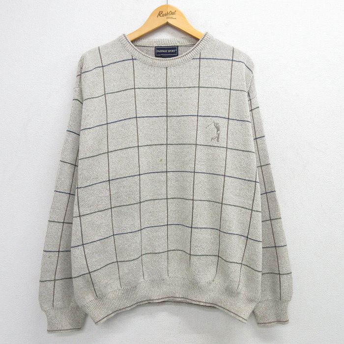 XL★古着 長袖 セーター メンズ 90年代 90s ゴルフ 大きいサイズ クルーネック USA製 ベージュ系他 カーキ チェック 25mar13 中古 ニット トップス