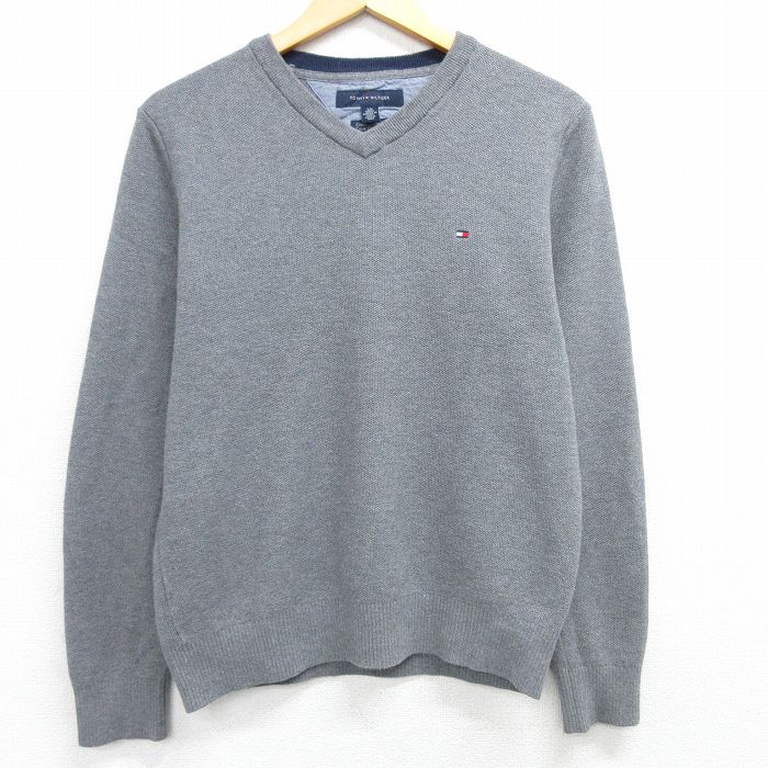 M★古着 トミーヒルフィガー TOMMY HILFIGER 長袖 ブランド セーター メンズ ワンポイントロゴ カシミア クルーネック グレー 25mar13 中古 ニット トップス