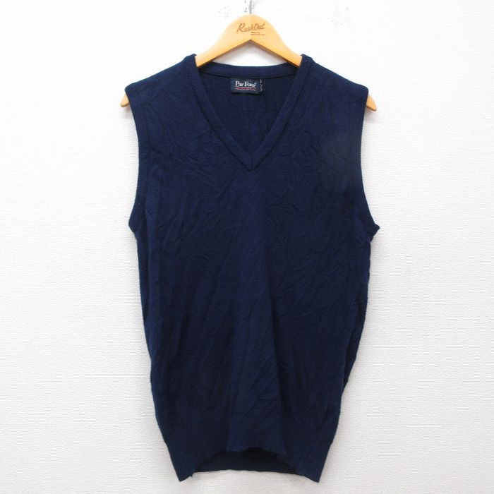 S★古着 ニット ベスト メンズ 90年代 90s 無地 アクリル Vネック 紺 ネイビー 25mar13 中古 トップス