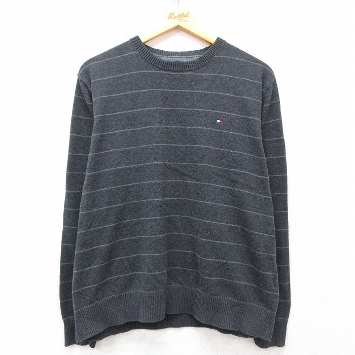 L★古着 トミーヒルフィガー TOMMY HILFIGER 長袖 ブランド セーター メンズ ワンポイントロゴ コットン クルーネック 濃グレー他 ボーダー 25mar13 中古 ニット トップス
