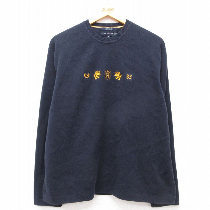 L★古着 トミーヒルフィガー TOMMY HILFIGER 長袖 ブランド セーター メンズ ビッグロゴ コットン クルーネック 紺 ネイビー 25mar13 中古 ニット トップス