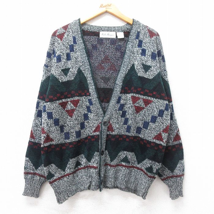 【50%OFF】L★古着 長袖 ニット カーディガン メンズ 90年代 90s アクリル グレー他 25mar13 中古 トップス