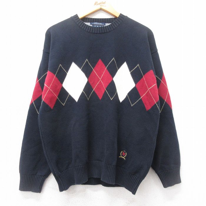 L★古着 トミーヒルフィガー TOMMY HILFIGER 長袖 ブランド セーター メンズ 90年代 90s アーガイル柄 ワンポイントロゴ コットン クルーネック 紺 ネイビー 25mar13 中古 ニット トップス