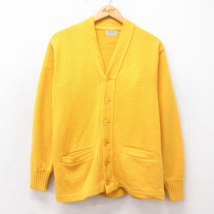 S★古着 長袖 レタード ニット カーディガン メンズ 70年代 70s 無地 アクリル 黄 イエロー 25mar13 中古 トップス