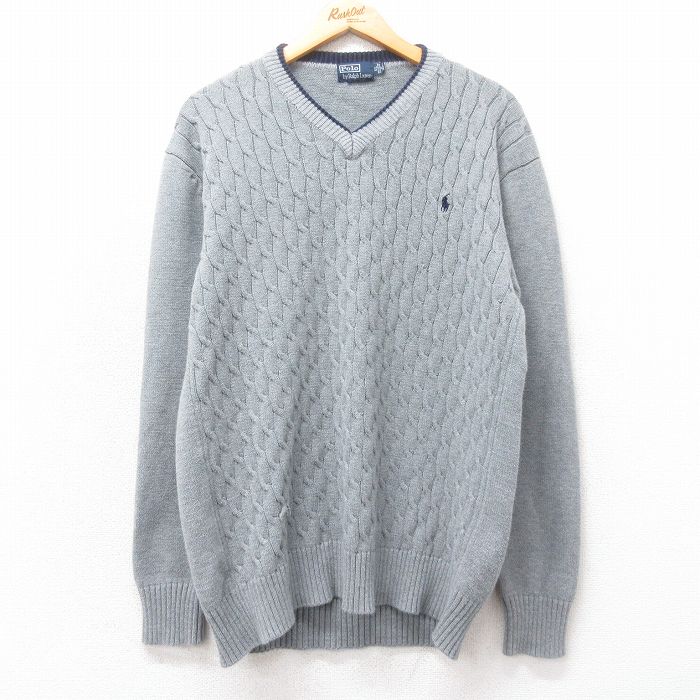 M★古着 ラルフローレン Ralph Lauren 長袖 ブランド ケーブル セーター メンズ 90年代 90s ワンポイントロゴ コットン Vネック グレー他 25mar13 中古 ニット トップス