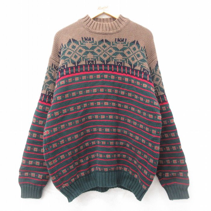 【50%OFF】XL★古着 エディーバウアー 長袖 ノルディック セーター メンズ 00年代 00s コットン モックネック ハイネック 緑他 グリーン 【spe】 25mar13 中古 ニット トップス