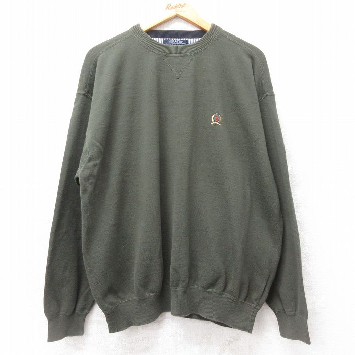 XL★古着 トミーヒルフィガー TOMMY HILFIGER 長袖 ブランド セーター メンズ 90年代 90s ワンポイントロゴ 大きいサイズ コットン クルーネック 緑 グリーン 25mar13 中古 ニット トップス