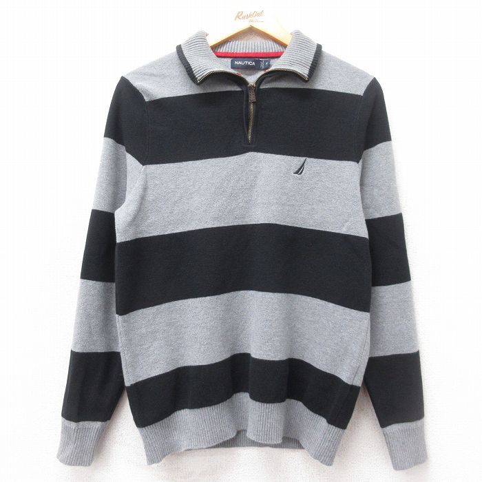 S★古着 ノーティカ NAUTICA 長袖 ブランド ハーフジップ セーター メンズ ワンポイントロゴ コットン グレー他 ボーダー 25mar13 中古 ニット トップス