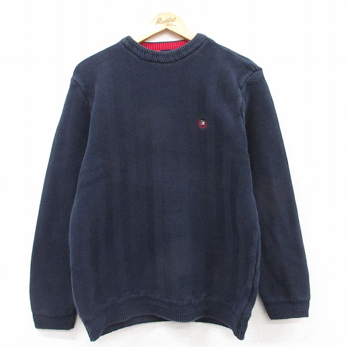 M★古着 チャップス 長袖 セーター メンズ ワンポイントロゴ ヘリンボーン コットン クルーネック 紺 ネイビー 25mar14 中古 ニット トップス