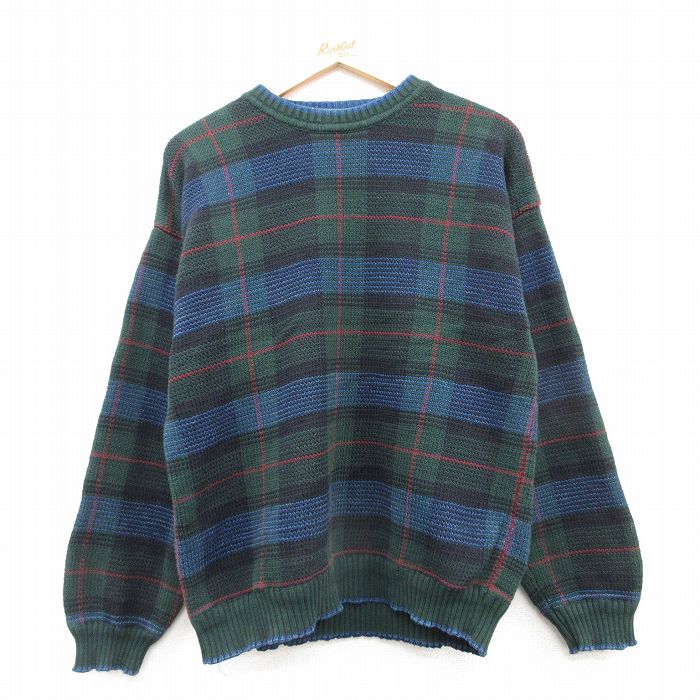 M★古着 長袖 セーター メンズ 90年代 90s コットン クルーネック 緑他 グリーン チェック 25mar14 中古 ニット トップス