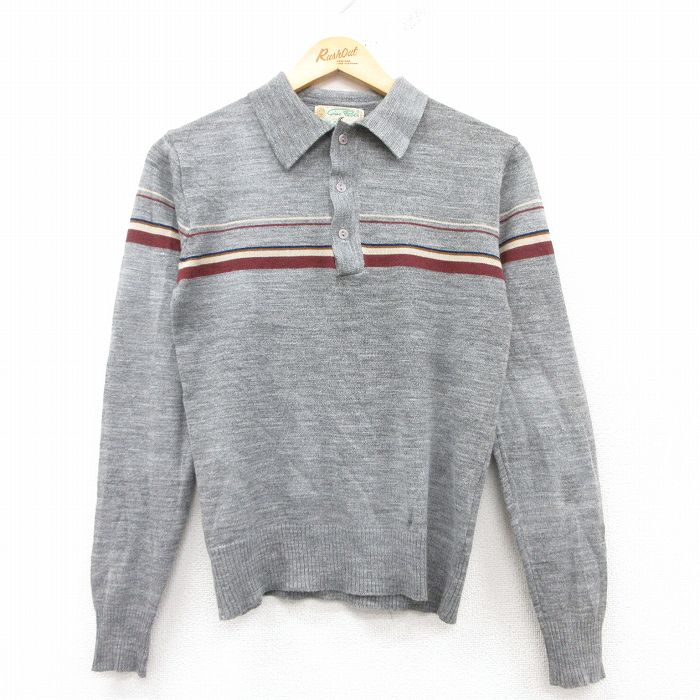 【50%OFF】XS★古着 長袖 セーター メンズ 80年代 80s 襟付き アクリル グレー他 25mar14 中古 ニット トップス