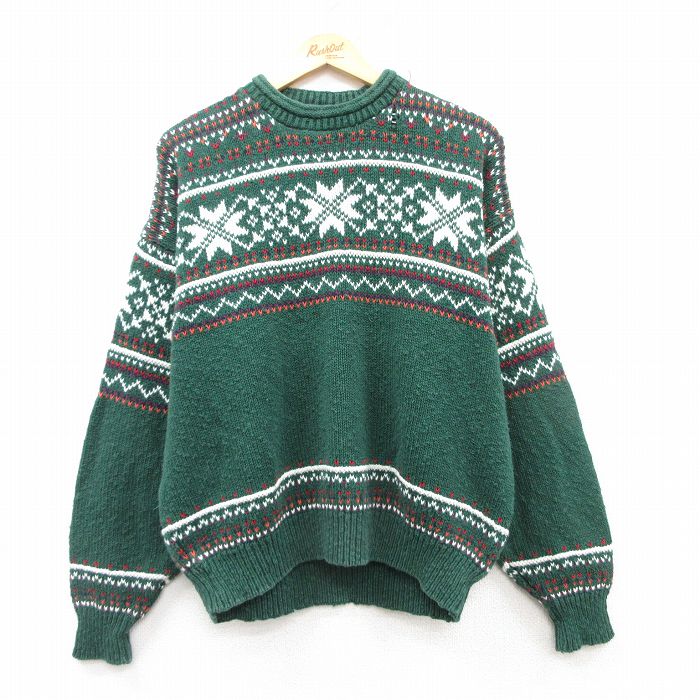 【50%OFF】XL★古着 長袖 ノルディック セーター メンズ 90年代 90s 雪柄 コットン クルーネック USA製 緑他 グリーン 25mar14 中古 ニット トップス