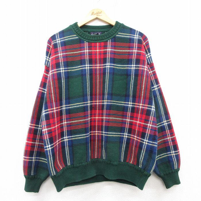 L★古着 長袖 セーター メンズ 90年代 90s コットン クルーネック 緑他 グリーン チェック 25mar14 中古 ニット トップス