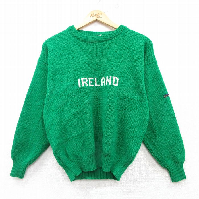 S★古着 長袖 セーター メンズ 90年代 90s アイルランド アクリル クルーネック アイルランド製 緑 グリーン 25mar14 中古 ニット トップス