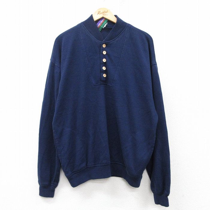 L★古着 長袖 セーター メンズ 90年代 90s 無地 ヘンリーネック 紺 ネイビー 25mar14 中古 ニット トップス