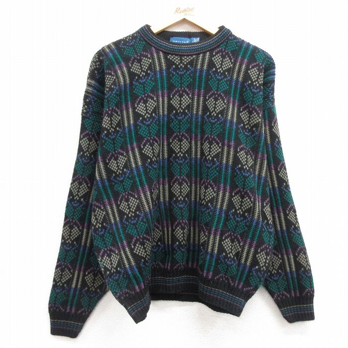 L★古着 タウンクラフト 長袖 セーター メンズ 90年代 90s アクリル クルーネック USA製 黒他 ブラック 25mar14 中古 ニット トップス