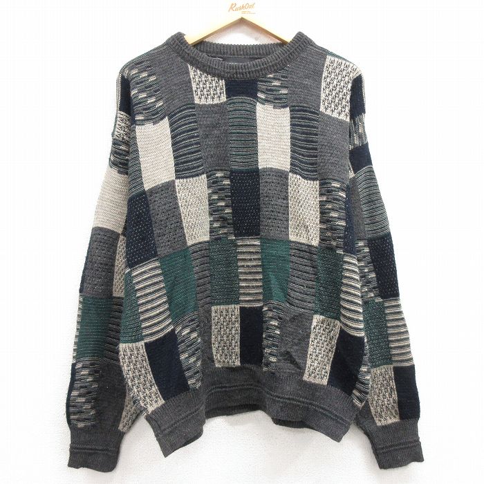 【50%OFF】L★古着 長袖 セーター メンズ 00年代 00s アクリル クルーネック 濃グレー他 25mar14 中古 ニット トップス