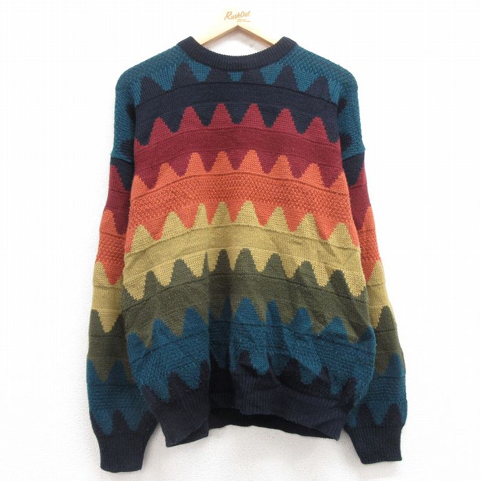 L★古着 長袖 セーター メンズ アクリル クルーネック 紺他 ネイビー 25mar14 中古 ニット トップス