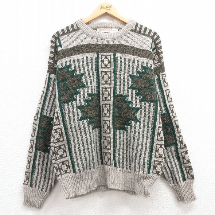L★古着 ロンドンフォグ 長袖 セーター メンズ 90年代 90s アクリル クルーネック USA製 ベージュ他 カーキ 【spe】 25mar14 中古 ニット トップス