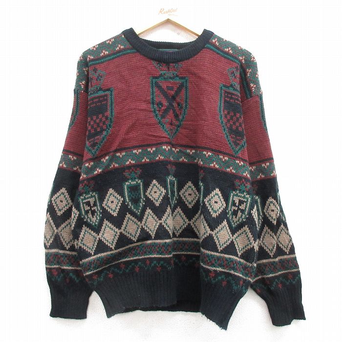 【50%OFF】L★古着 長袖 セーター メンズ 00年代 00s アクリル クルーネック エンジ他 25mar14 中古 ニット トップス