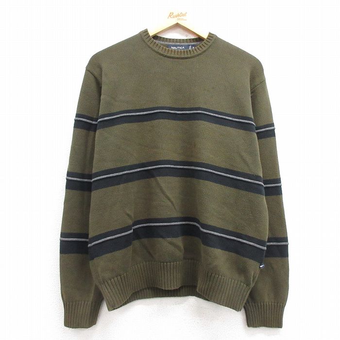 L★古着 ノーティカ NAUTICA 長袖 ブランド セーター メンズ コットン クルーネック 緑他 グリーン 25mar14 中古 ニット トップス