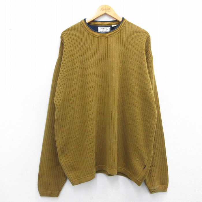 【20%OFF】XL★古着 長袖 セーター メンズ 無地 大きいサイズ コットン クルーネック ベージュ系 カーキ 25mar14 中古 ニット トップス