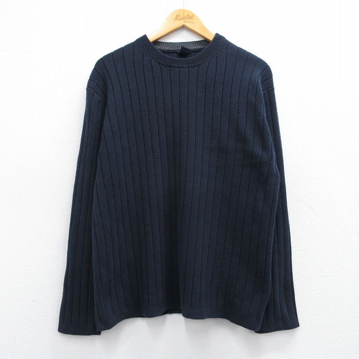 【50%OFF】L★古着 ギャップ GAP 長袖 セーター メンズ 無地 コットン クルーネック 濃紺 ネイビー 25mar14 中古 ニット トップス